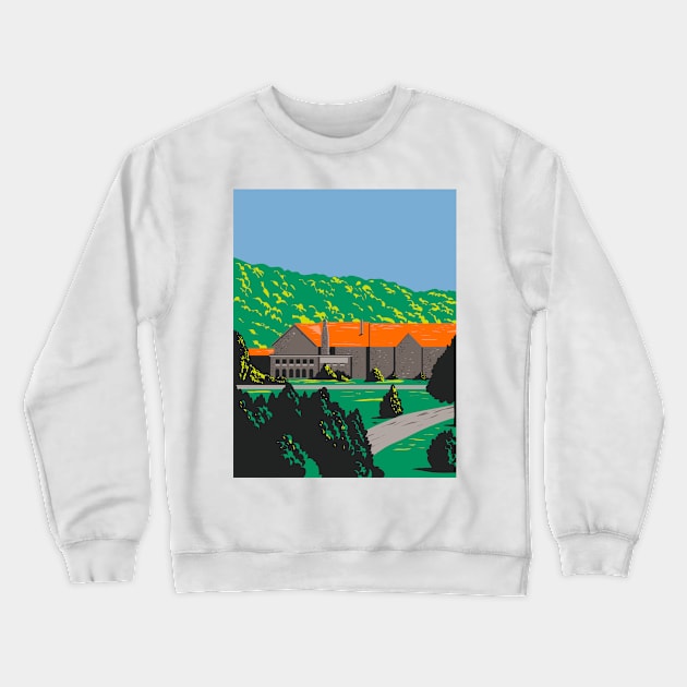 Stone Lodge with Red Roof and Trees in Front During Spring WPA Poster Art Crewneck Sweatshirt by patrimonio